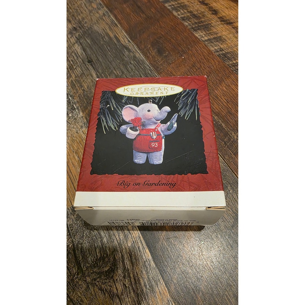 1993 Hallmark Keepsake Ornament Big on Gardening Elephant Red Apron Vintage